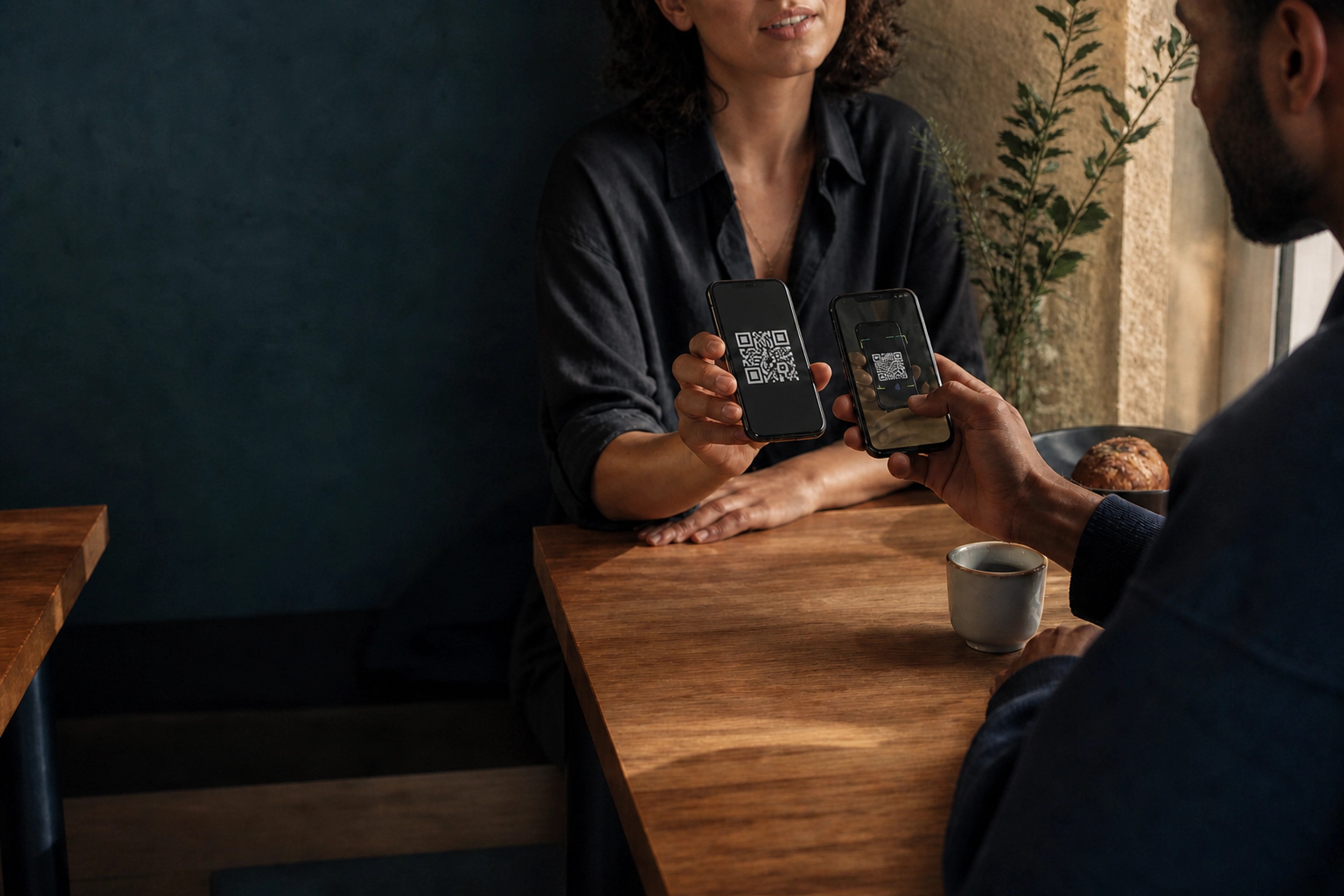 To telefoner som deler en midlertidig Hearthly QR-kode